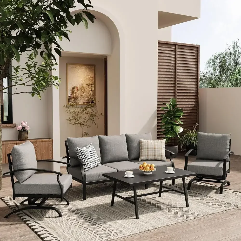 Outdoor Furniture Rocking Chair - Graues Outdoor-Metall-Gartenmöbelset mit Kaffeetisch und Schaukelstühlen